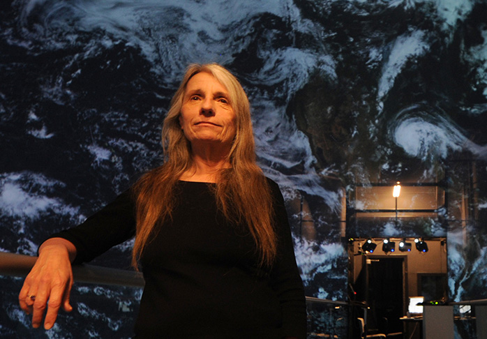 Dr. JoAnn Kuchera-Morin on the bridge inside the AlloSphere